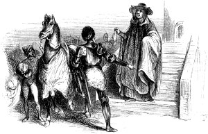 — В ту минуту, когда я подошел к нему, граф уже занес ногу в стремя, чтобы сесть на коня, — продолжал кардинал... Иллюстрация к роману Вальтера Скотта «Квентин Дорвард». Гравёр Х. Порре. Издание 1880 года.