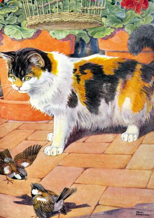 Кот и два воробья. Художник Пол Брэнсом, 1921