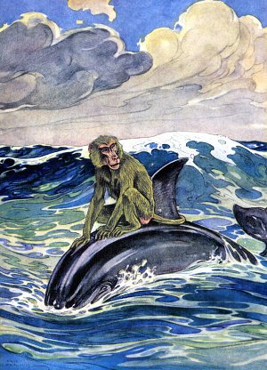 Обезьяна и дельфин. Иллюстрация Пола Брэнсома, 1921