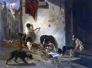Собака, несущая обед хозяина на шее (из басни Жана де Лафонтена). Жозеф Стевенс, 1846