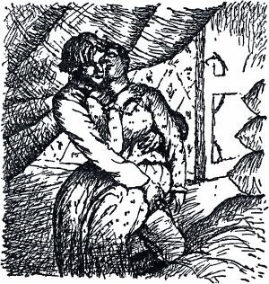 Сергей поднял хозяйку, как ребенка, на руки и унес ее в темный угол. Иллюстрация Б. Кустодиева к повести Николая Лескова «Леди Макбет Мценского уезда»