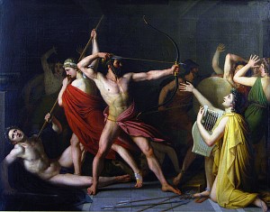 Одиссей и Телемах убивают женихов Пенелопы. Томас Деджордж (1812)