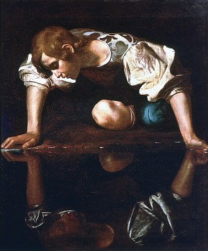 Нарцисс у ручья. Картина Караваджо (1597-99)