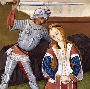 Смерть Поликсены, миниатюра из рукописной книги Боккаччо, XV-XVI вв.