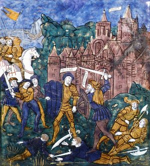 Пандар сражается перед лагерем троянцев. Иллюстрация около 1530-35 гг.