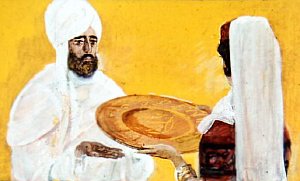 Магуль-Мегери дает золотое блюдо купцу. Иллюстрация Р. Столярова к сказке М. Ю. Лермонтова «Ашик-Кериб»