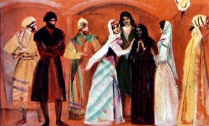 Ашик-Кериб с Магуль-Мегерии и прозревшей матерью. Иллюстрация Р. Столярова к сказке М. Ю. Лермонтова «Ашик-Кериб»
