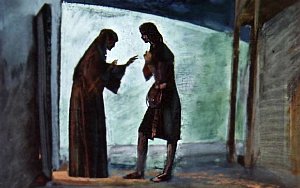 Ашик-Кериб с матерью. Иллюстрация Р. Столярова к сказке М. Ю. Лермонтова «Ашик-Кериб»