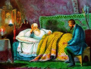 И на скамью присел Сокол, и речь такую он завел. Иллюстрация к поэме М. Лермонтова «Боярин Орша». Мастерская картин для волшебных фонарей В. Перес. Конец ХIХ-нач. ХХ в.