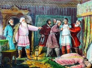 И без усилий, без борьбы схватили юношу рабы. Нем и недвижим он стоял, покуда крепко обвивал все члены, как змея, канат. Иллюстрация к поэме М. Лермонтова «Боярин Орша». Мастерская картин для волшебных фонарей В. Перес. Конец ХIХ-нач. ХХ в.