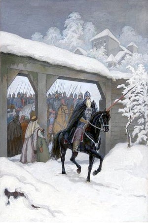 Русские войска отправляются в поход. Иллюстрация к поэме М. Ю. Лермонтова «Боярин Орша». Художник Е. И. Плехан, 1969.