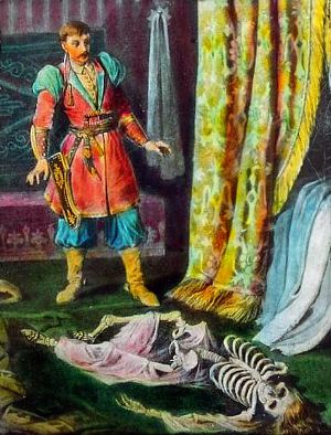 Арсений в светлице своей милой. Иллюстрация к поэме М. Лермонтова «Боярин Орша». Мастерская картин для волшебных фонарей В. Перес. Конец ХIХ-нач. ХХ в.