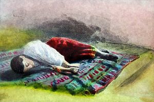 И тяжко на цветной ковер, как труп бездушный с давних пор, упало что-то. Иллюстрация к поэме М. Лермонтова «Боярин Орша». Мастерская картин для волшебных фонарей В. Перес. Конец ХIХ-нач. ХХ в.
