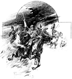 И вспыхнул князь, махнул рукою: «Вперед! — воскликнул он, — за мною!» Иллюстрация к поэме М. Ю. Лермонтова «Измаил-Бей»