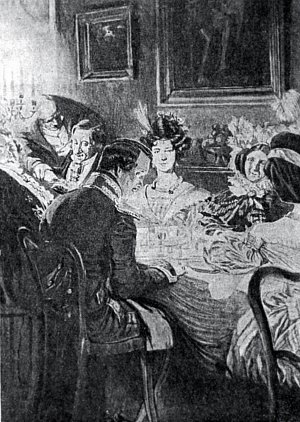 Печорину пришлось сидеть наискось противу княгини Веры Дмитриевны, сосед его по левую руку был какой-то рыжий господин, увешанный крестами. Иллюстрация к роману М. Лермонтова «Княгиня Лиговская». Д. Кардовский, 1914 г.
