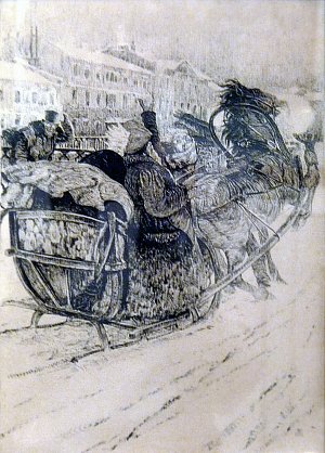 Рысак Печорина сбивает Красинского. Иллюстрация к роману М. Лермонтова «Княгиня Лиговская». Д. Кардовский, 1914 г.