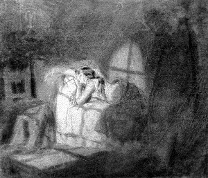 Спящая девушка и Мефистофель. Иллюстрация к поэме М. Ю. Лермонтова «Сказка для детей». Автор рисунка Флавицкий Константин Дмитриевич, 1850 — 1860-е гг.