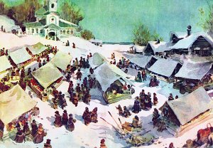 Ярмарка. Иллюстрация Е. Мигунова к рассказу «Неразменный рубль» Н. Лескова