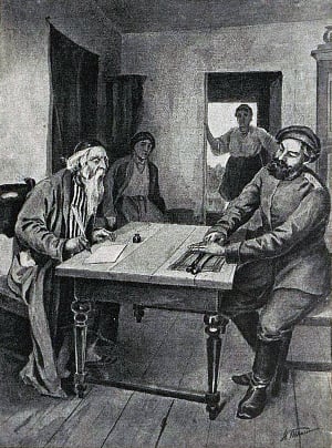 Литературный альбом. «Ракушанский меламед», рассказ Н. С. Лескова. Схария и казак Ананьев. Художник Н. Ткаченко, кон. XIX - нач. XX вв.