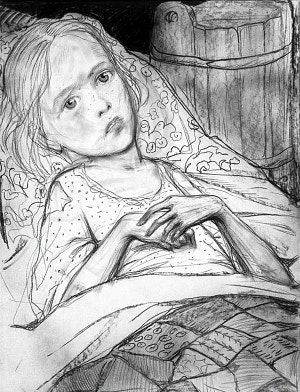 Больная девочка Васенка. Иллюстрация к рассказу Н. С. Лескова «Юдоль». Художник Глазунов Илья Сергеевич, 1973 г.