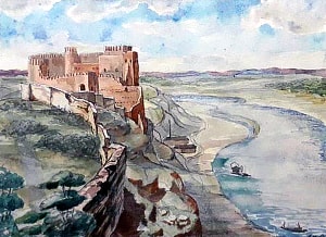 Хотинская крепость. 1250-1340-е гг., перестройка в 1541-1546 гг., расширение в XVIII в. Вид крепости и замка с юга. Ковалев А. Н., 1945 г.
