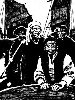 Иллюстрация к рассказу Джека Лондона «Белые и желтые». Художник П. Пинкисевич, 1976 г.