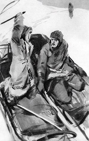 Он сделал движение, точно хотел ее схватить, и она занесла свой хлыст, чтобы ударить его... Иллюстрация к роману Джека Лондона «Дочь снегов». Художник И. Ушаков, 1961 г.