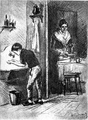 Он подошел к раковине. Иллюстрация к рассказу Джека Лондона «Изменник». Художник К. Рудаков, 1938 г.