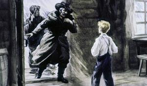 Около часу дня постучали в дверь, и, когда Джерри открыл, в комнату стремительно ворвались мужчина и женщина, словно их силком выпихнул ветер... Иллюстрация к рассказу Джека Лондона «На берегах Сакраменто». Художник К. Безбородов