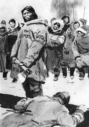 — Я смеюсь над тобой и над твоей силой, о Макамук,— сказал он,— бей, бей изо всех сил! Иллюстрация к рассказу Джека Лондона «Потерявший лицо». Художник П. Пинкисевич, 1961 г.
