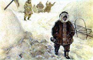 Насмешками и глумлением проводили они Киша, когда он выходил из иглу, но он стиснул зубы и пошел своей дорогой, не глядя ни вправо, ни влево. Иллюстрация к рассказу Джека Лондона «Сказание о Кише». Художник О. Новозонов