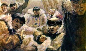 — Вон его! — закричали охотники. — Уберите отсюда этого мальчишку! Уложите его спать. Мал он еще разговаривать с седовласыми мужчинами. Иллюстрация к рассказу Джека Лондона «Сказание о Кише». Художник О. Новозонов