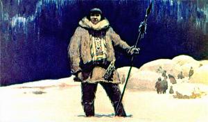И потому, что Киш действовал смекалкой, а не колдовством, он из самой жалкой иглу поднялся высоко и стал вождем своего племени. Иллюстрация к рассказу Джека Лондона «Сказание о Кише». Художник О. Новозонов