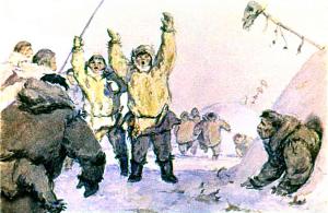 Через пять дней они вернулись, дрожа от нетерпения, — так хотелось им поскорее рассказать то, что они видели. Иллюстрация к рассказу Джека Лондона «Сказание о Кише». Художник О. Новозонов