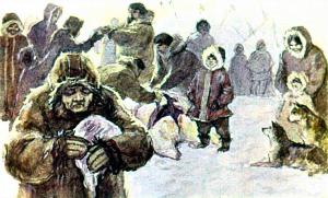 Так же, как и отец его, он следил за тем, чтобы самый хилый старик и самая древняя старуха получали справедливую долю... Иллюстрация к рассказу Джека Лондона «Сказание о Кише». Художник О. Новозонов