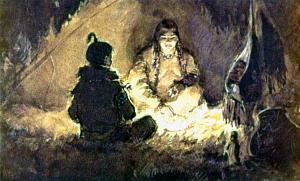 Но люди быстро все забывают, забыли и о подвиге его отца, а Киш был всего только мальчик, мать его — всего только женщина, и о них тоже забыли, и они жили так, забытые всеми, в самой бедной иглу. Иллюстрация к рассказу Джека Лондона «Сказание о Кише». Художник О. Новозонов