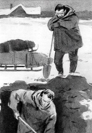 Иллюстрация к циклу рассказов Джека Лондона «Смок и Малыш». Художник П. Пинкисевич, 1961 г.