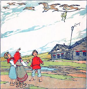 — Смотрите, смотрите! — кричали дети в одной деревне, — утки лягушку несут! Иллюстрация А. Комарова к сказке В. М. Гаршина «Лягушка-путешественница»