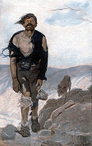 Он шел слабыми, неверными шагами, и такими же слабыми, неверными шагами тащился за ним волк. Иллюстрация к рассказу Джека Лондона «Любовь к жизни». Художник Эрнест Л. Блюменшайн, 1905