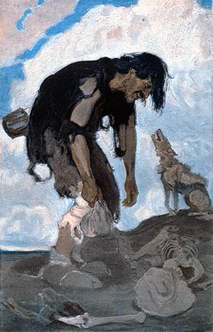 Он засмеялся хриплым, страшным смехом, похожим на карканье ворона, и больной волк вторил ему, уныло подвывая. Иллюстрация к рассказу Джека Лондона «Любовь к жизни». Художник Эрнест Л. Блюменшайн, 1905