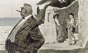 — Какое лицо! — говорит Пепе товарищам, указывая всевидящими глазами на немца, надутого важностью до такой степени, что у него все волосы дыбом стоят. — Вот лицо, не меньше моего живота! Иллюстрация к рассказу М. Горького «Пепе». Художник Туренко Валентин Петрович, 1968