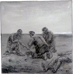 Мы снова ели, ели молча. Человек лежал и тоже молчал, не двигая ни одним членом. Мы не обращали на него внимания. Иллюстрация к рассказу М. Горького «В степи». Для волшебного фонаря. Собственность мастерской С. А. Баранова. Художник А. Кучеренко, Начало XX в.