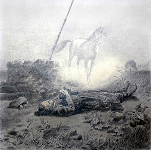 Умирающий Бухарбай и Ак-Бозат. Иллюстрация к рассказу Д. Н. Мамина-Сибиряка «Ак-Бозат». Художник Пётр Иванович Коровин, конец 19 века.