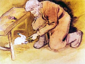 Заяц отдохнул за ночь и перестал бояться. Когда Богач дал ему морковку, он с жадностью ее съел. Иллюстрация к рассказу Д. Н. Мамина-Сибиряка «Богач и Ерёмка». Художник Л. Панова, 1971