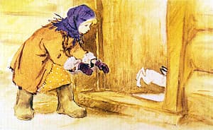 Но он же и отплатил ей самой черной неблагодарностью. Раз, когда Ксюша уходила домой, Черное Ушко с быстротой молнии шмыгнул в дверях около ее ног — и был таков. Иллюстрация к рассказу Д. Н. Мамина-Сибиряка «Богач и Ерёмка». Художник Л. Панова, 1971