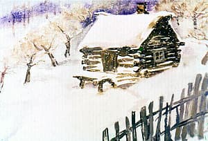 Сторожка Богача. Иллюстрация к рассказу Д. Н. Мамина-Сибиряка «Богач и Ерёмка». Художник Л. Панова, 1971