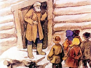 Весть о хромом зайце успела облететь всю деревню, и скоро около избушки Богача собралась целая толпа любопытных деревенских ребят... Иллюстрация к рассказу Д. Н. Мамина-Сибиряка «Богач и Ерёмка». Художник Л. Панова, 1971