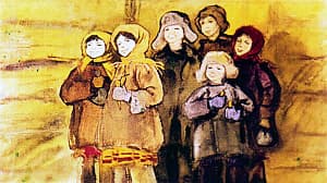 Деревенские ребята частенько прибегали в избушку Богача, чтобы поиграть с зайчиком, и приносили ему что-нибудь из съестного. Иллюстрация к рассказу Д. Н. Мамина-Сибиряка «Богач и Ерёмка». Художник Л. Панова, 1971