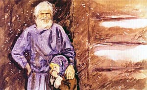— Как же, ищи ветра в поле... — посмеялся над ним Богач. — Он похитрее тебя будет... А ты, Ксюшка, не реви. Пусть его побегает, а потом сам вернется. Куда ему деться? Иллюстрация к рассказу Д. Н. Мамина-Сибиряка «Богач и Ерёмка». Художник Л. Панова, 1971