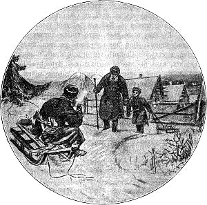 Они вышли из дому, когда еще было темно. Дедушка шагал впереди, а Никита шел за ним, таща за собой «дровешки», как называют на Урале маленькие саночки. Иллюстрация к рассказу Д. Н. Мамина-Сибиряка «Дорогой камень». Художник А. А. Кучеренко, 1912 г.